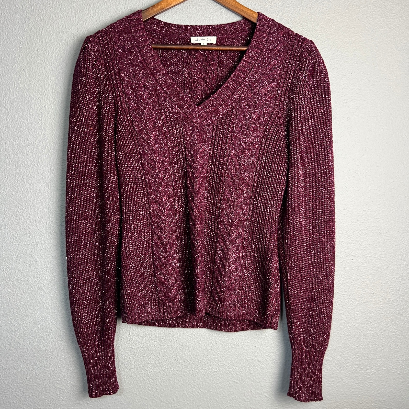 Another Love Thalia V-Neck Sweater Sparkle Blackberry Knit Pullover Long Sl Sz S